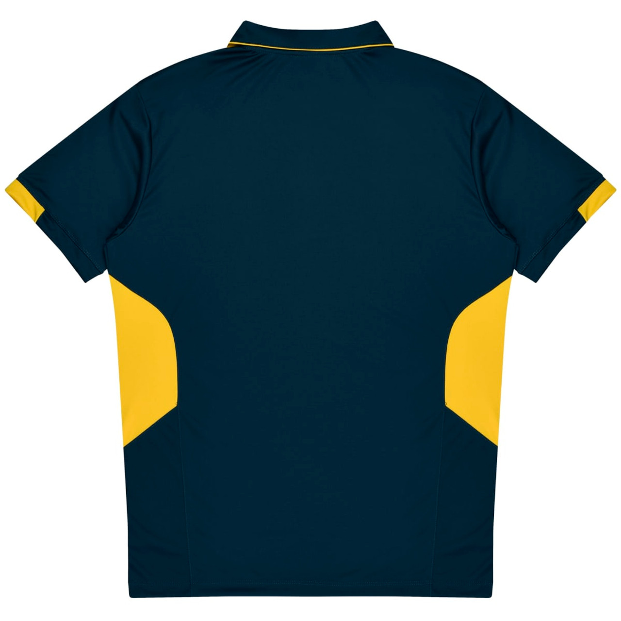 A polo shirt featuring a navy design with yellow side panels and a branded logo.