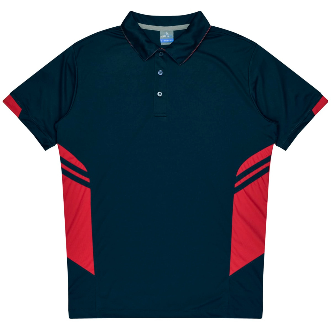 A polo shirt featuring navy and red colours with a logo, designed for kids with a sporty appearance.