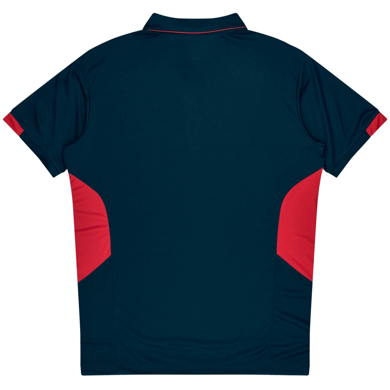 A navy blue polo shirt with red detailing on the sides and a collar, featuring a logo.