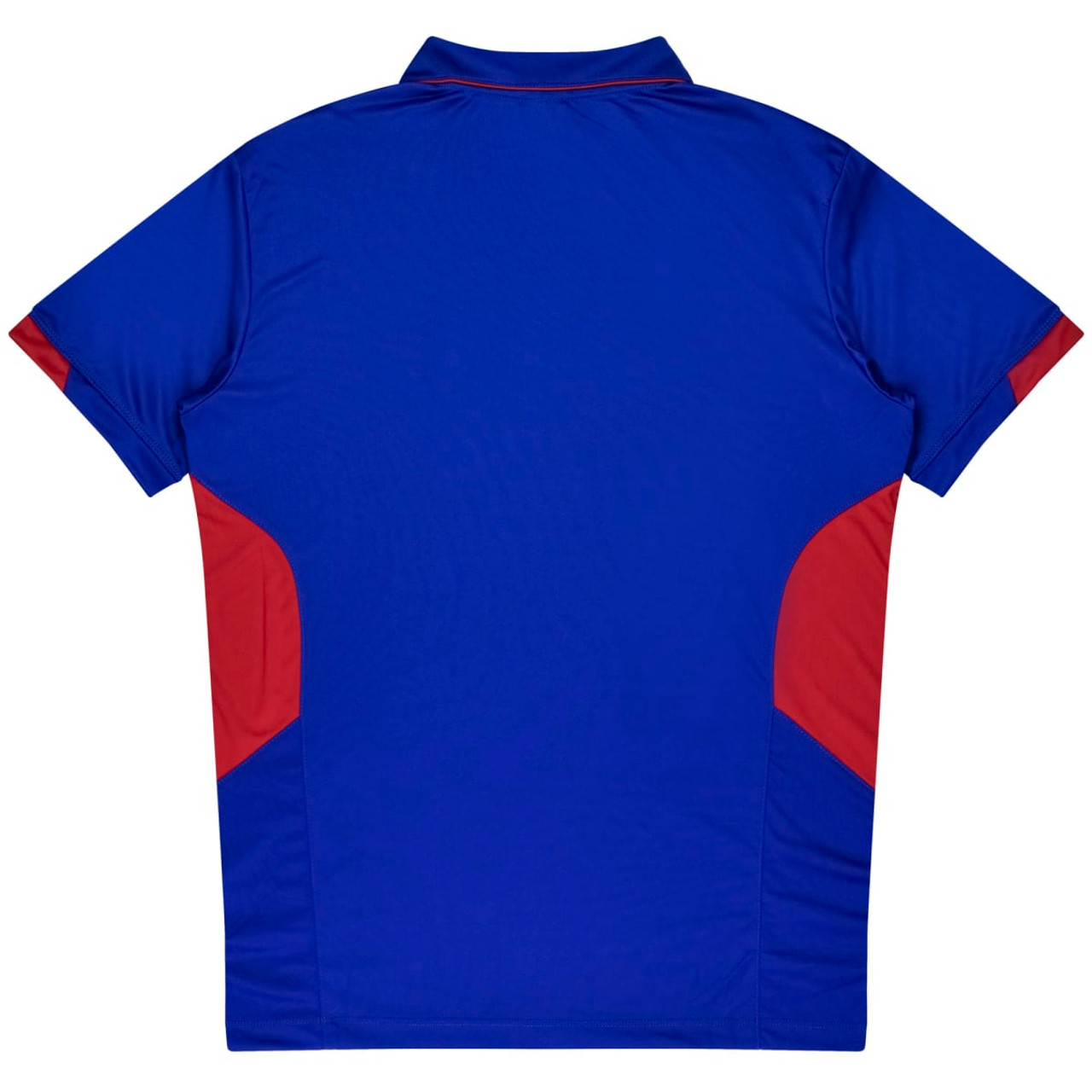 A blue polo shirt with red accents on the shoulders and sides, featuring a logo.