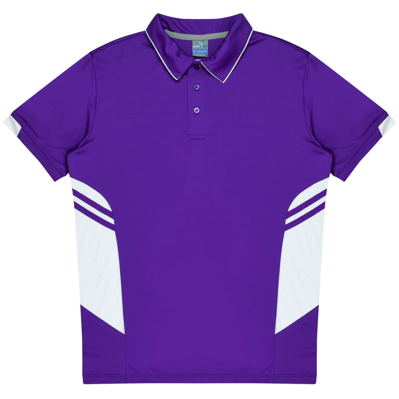 A purple polo shirt with white detailing and a logo on the chest. Short sleeves and a classic collar design.