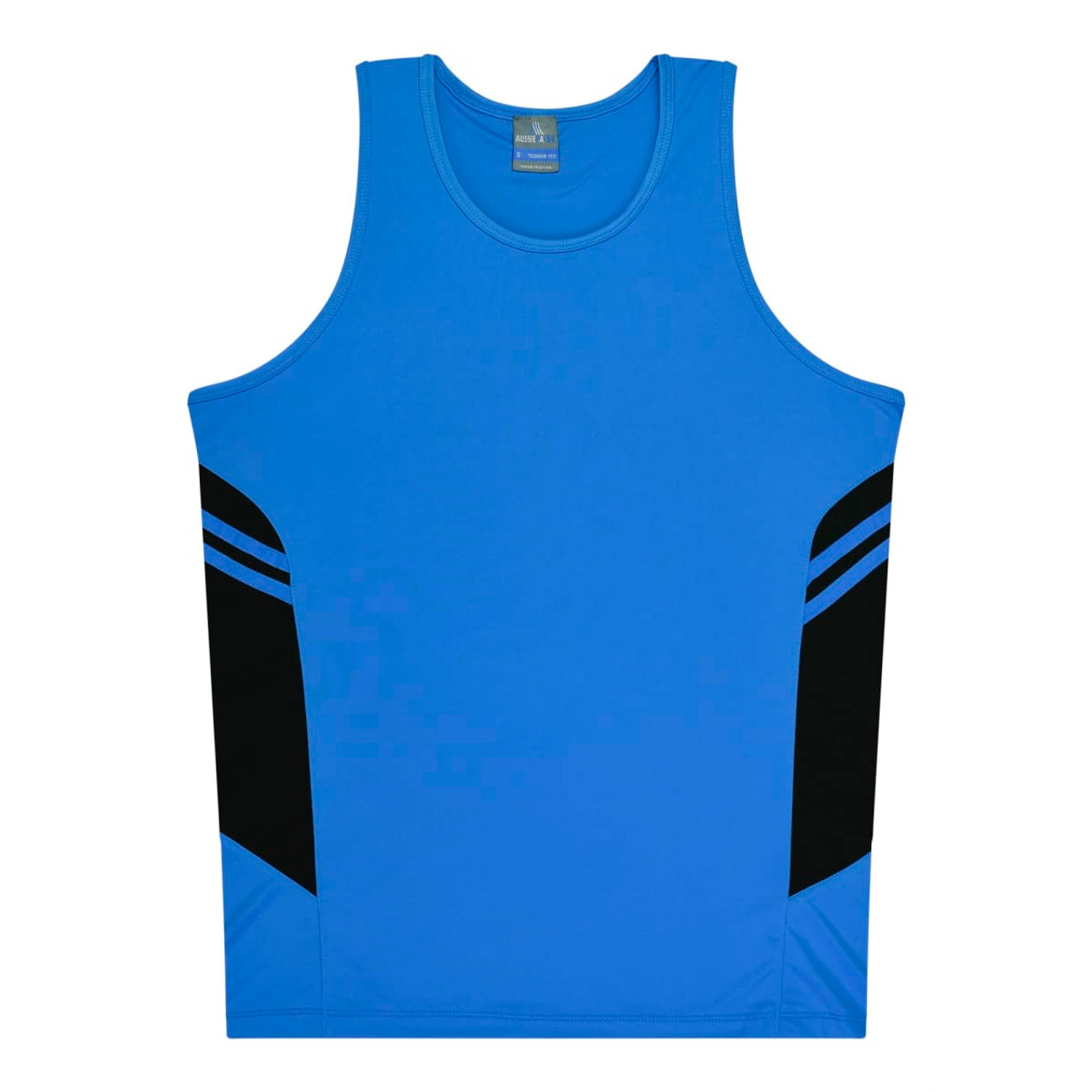 A blue singlet with black accents and a logo on the neckline. Suitable for kids.
