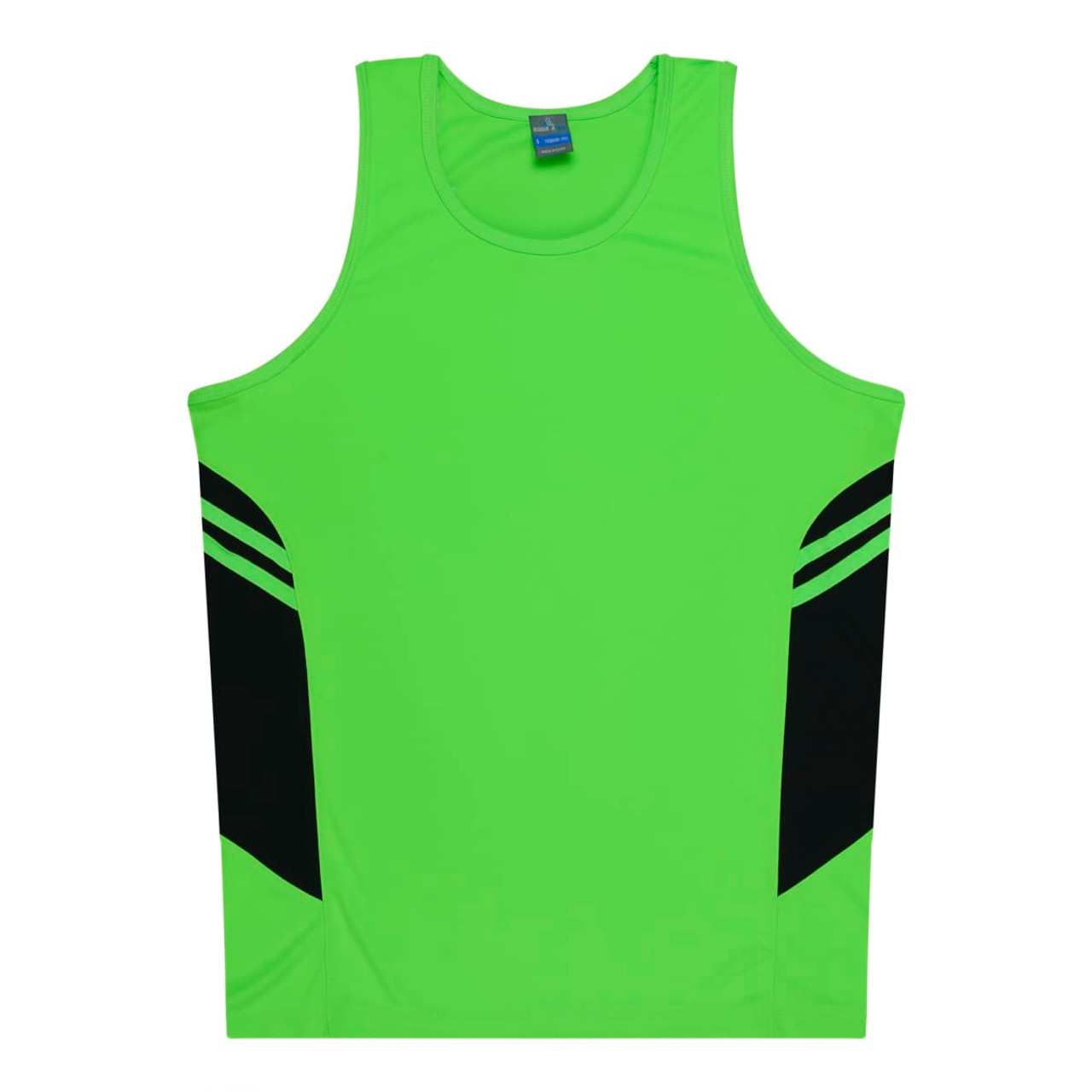 A bright green singlet featuring black side panels and a logo on the neckline. Ideal for kids' active wear.