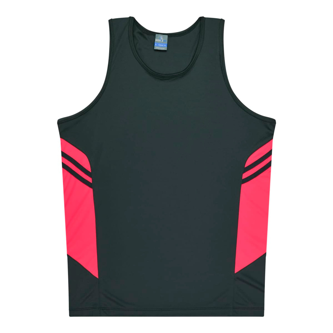 A dark green singlet with pink stripes on the sides and a logo on the neckline.