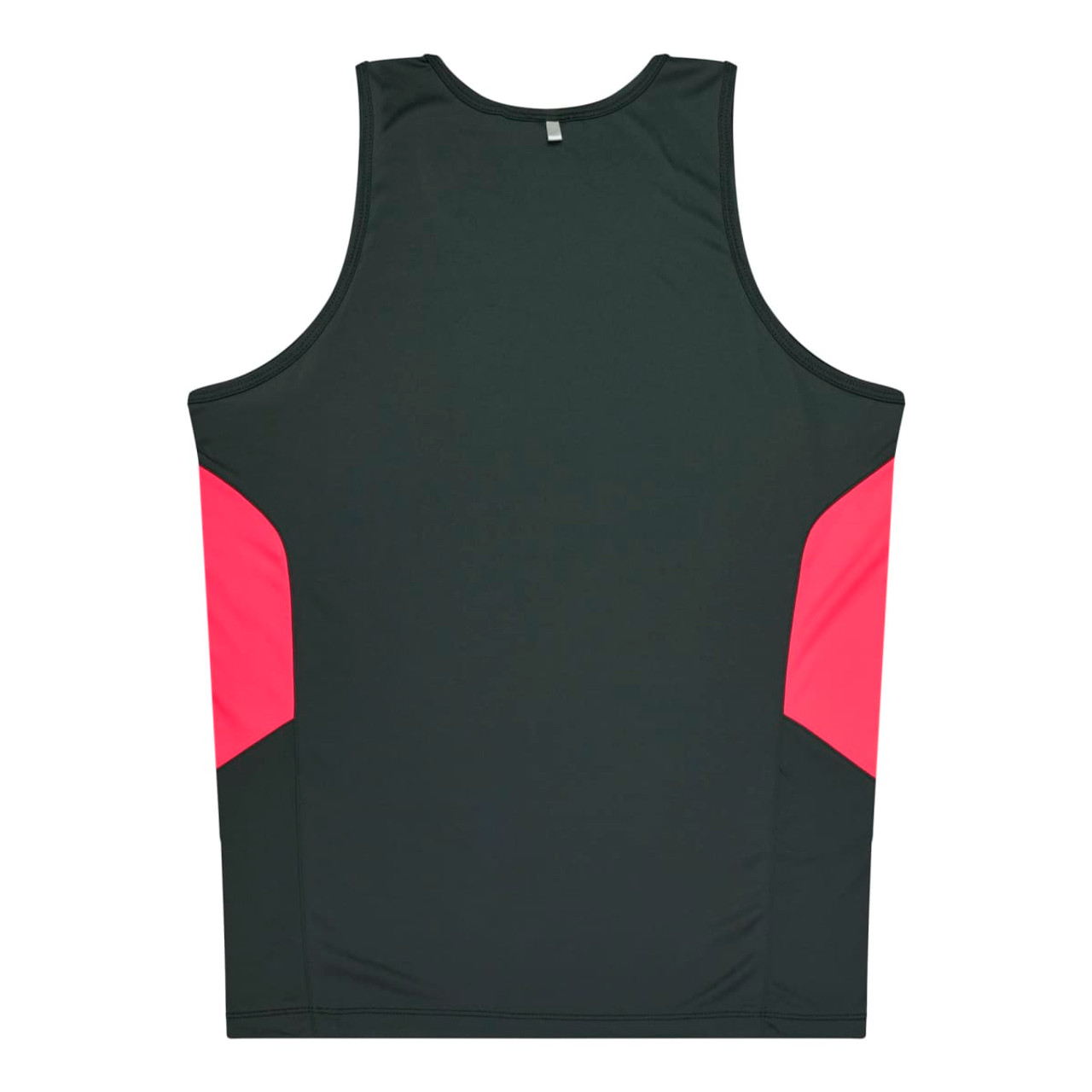 A dark green singlet with pink side panels, featuring a logo on the back. Suitable for kids.