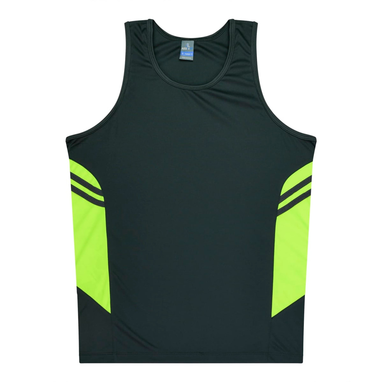 A dark green singlet with bright yellow accents and a logo on the chest.