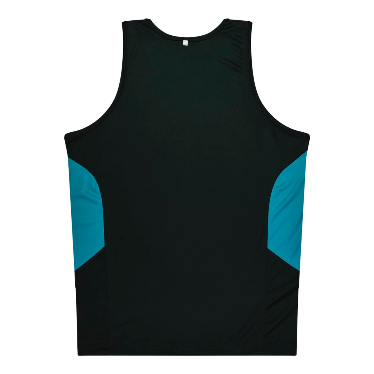 A dark green singlet featuring teal side panels and a logo on the back.