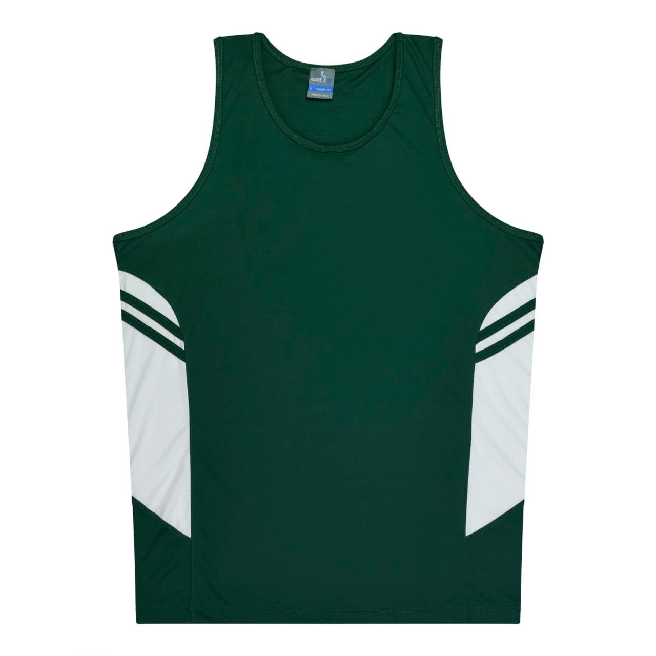 A green singlet with white panels and stripes on the sides, featuring a logo.