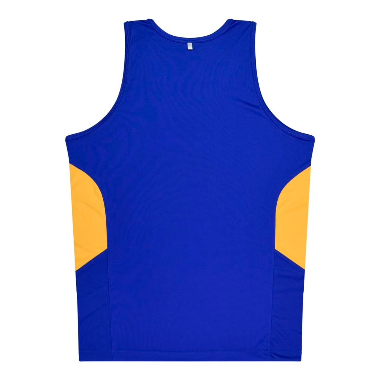 A blue and yellow singlet featuring a logo on the side. The back is solid blue with contrasting yellow panels.
