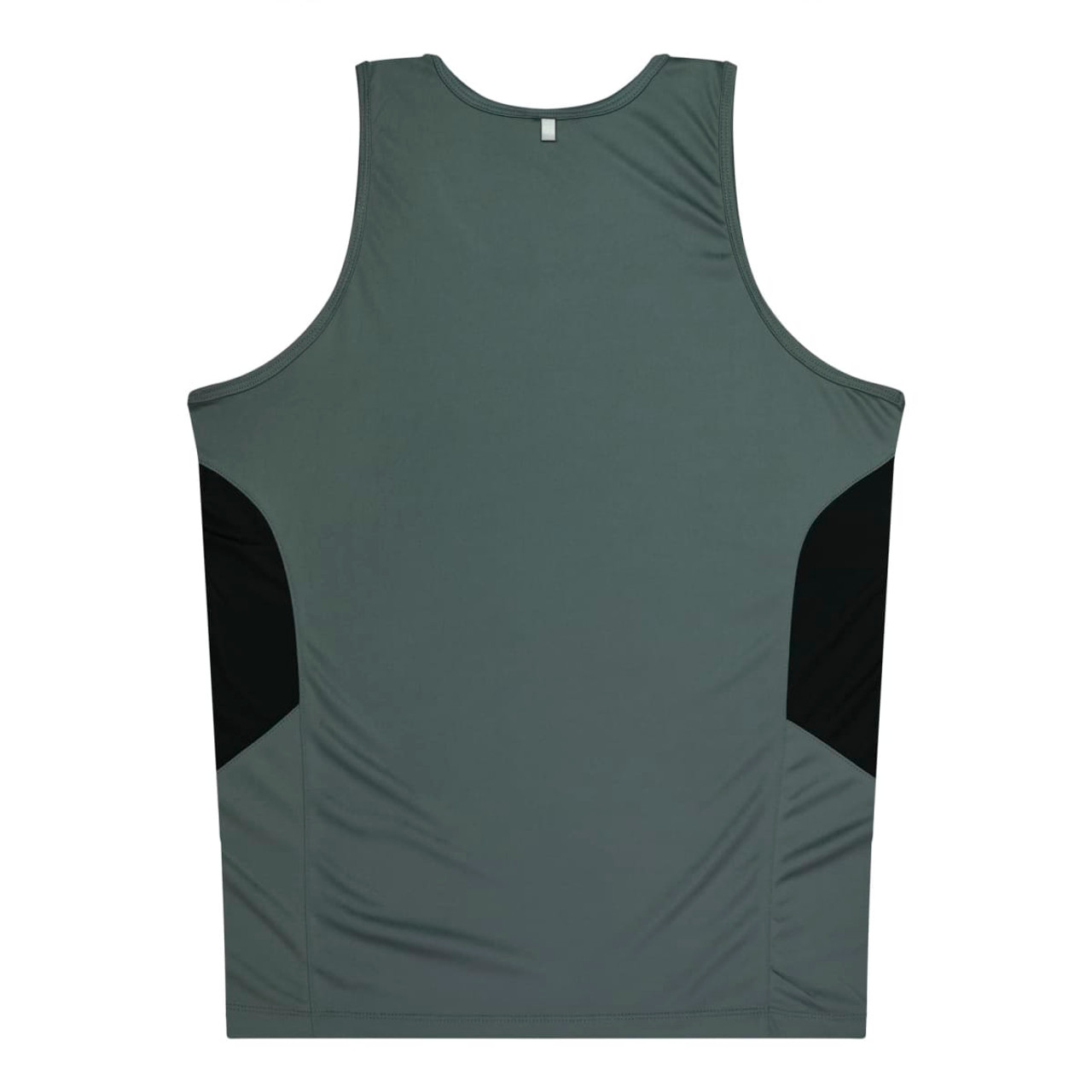 A grey singlet with black side panels, featuring a logo on the back. Suitable for kids' wear.