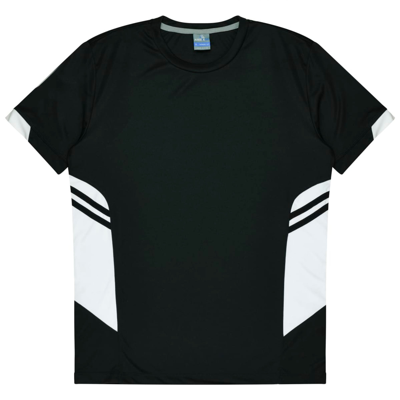 A black T-shirt with white accents and stripes, featuring a logo on the neckline. Ideal for casual wear.