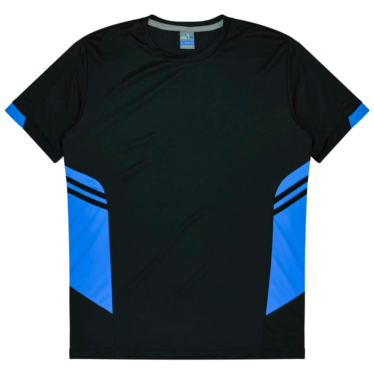A black t-shirt featuring blue accents on the sides and stripes. It has a logo on the label.