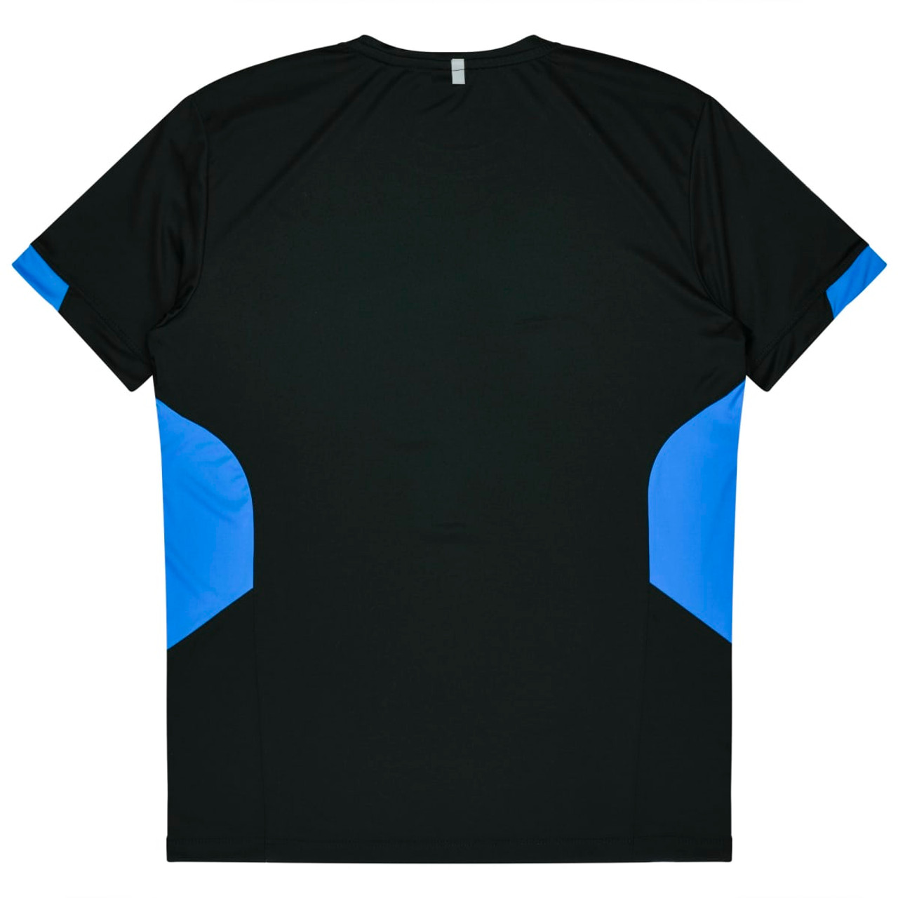 A black t-shirt with blue accents on the sides, featuring a logo on the back.
