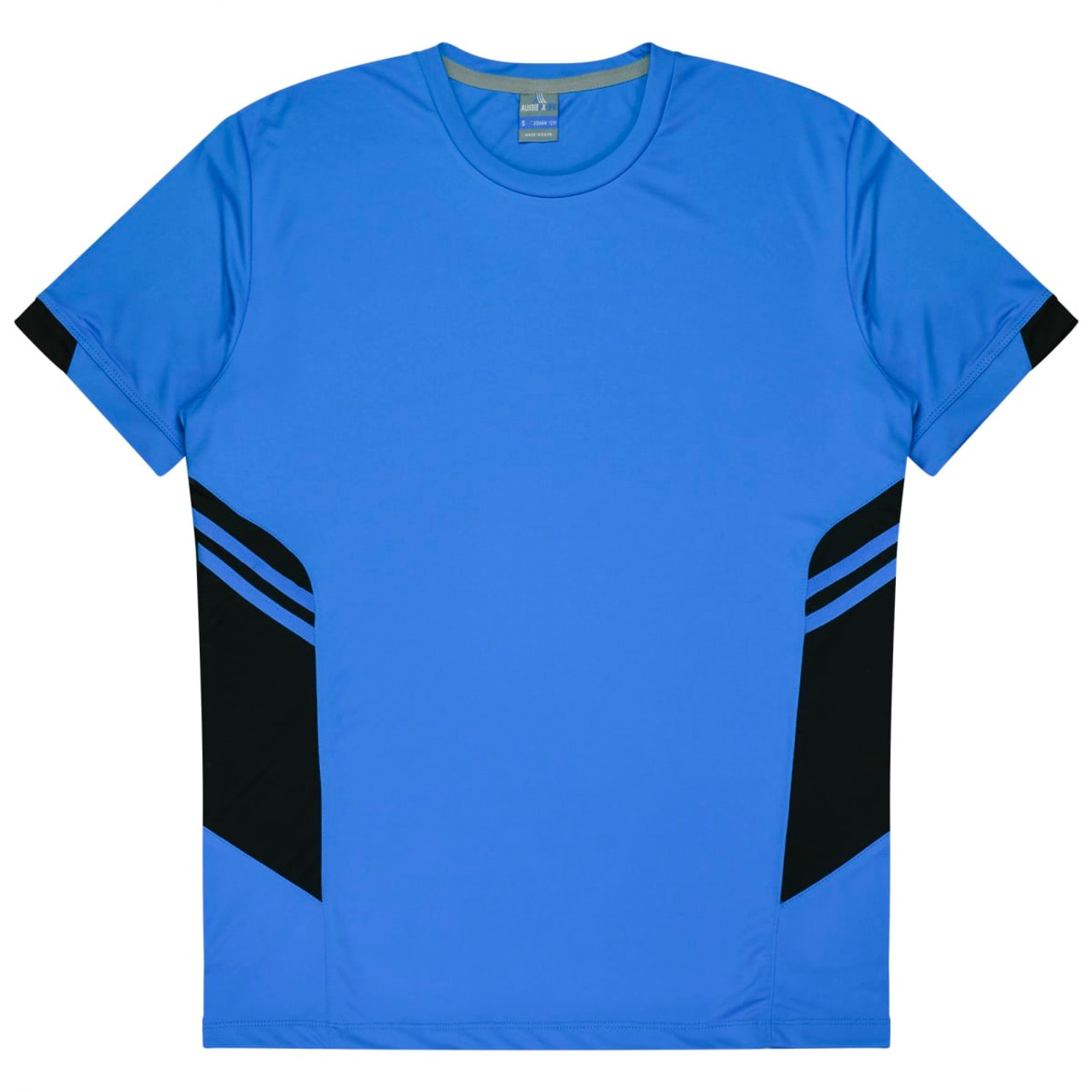 A blue T-shirt featuring black accents on the sides and a logo on the label.