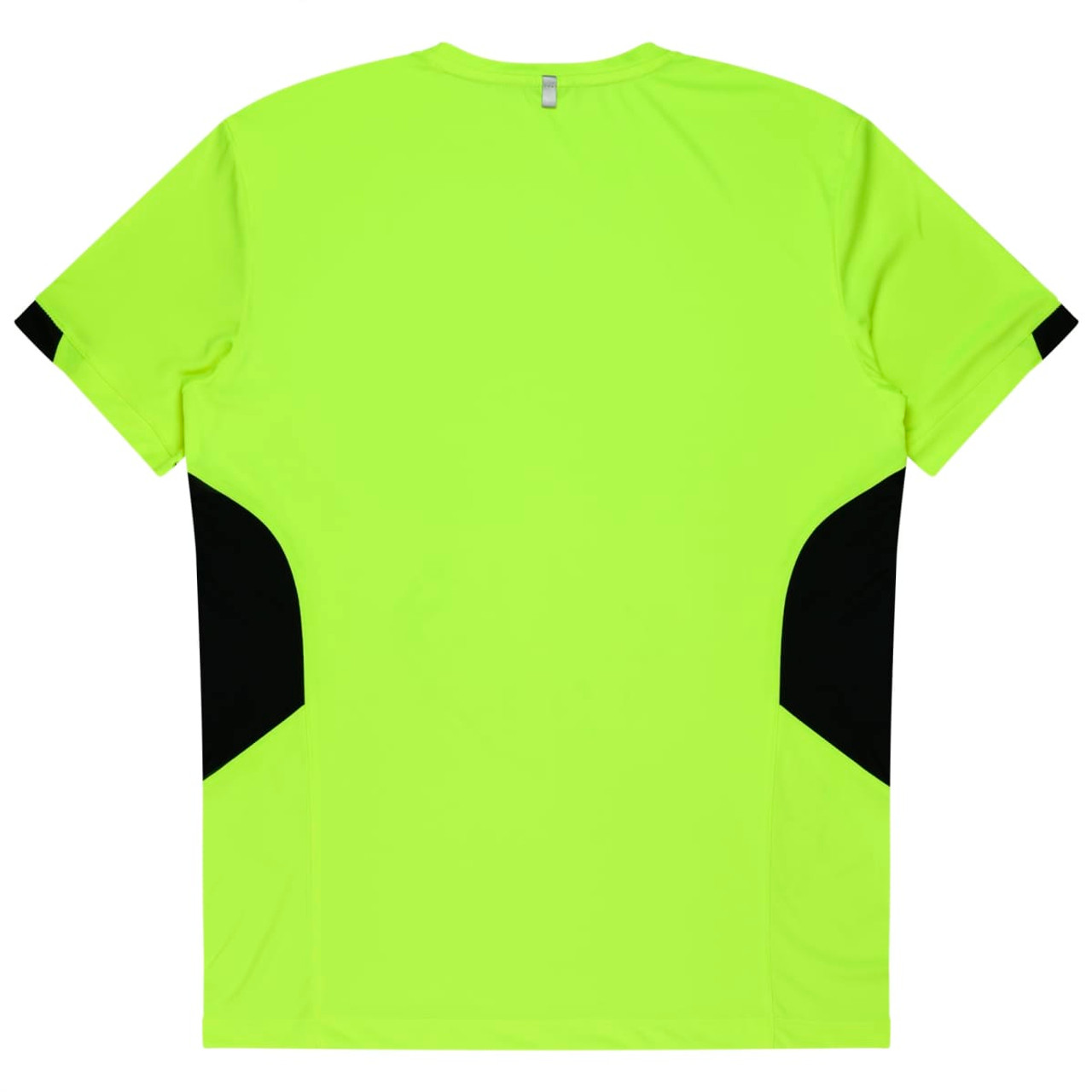 A bright yellow T-shirt with black details on the sides and a logo on the back. Suitable for kids.