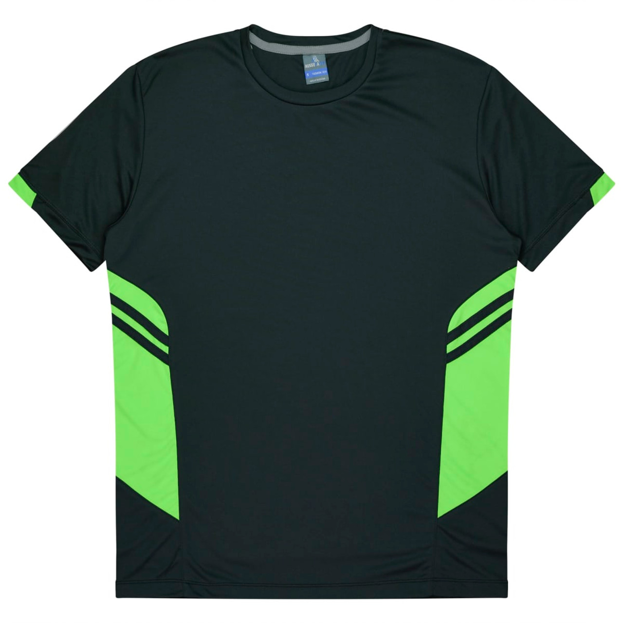 A dark green T-shirt with lime green accents and stripes on the sides. It has a logo on the upper left.