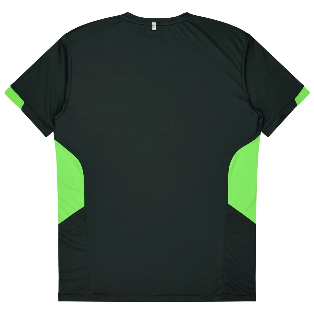 A dark green T-shirt with bright green accent panels on the sides and a logo on the back.