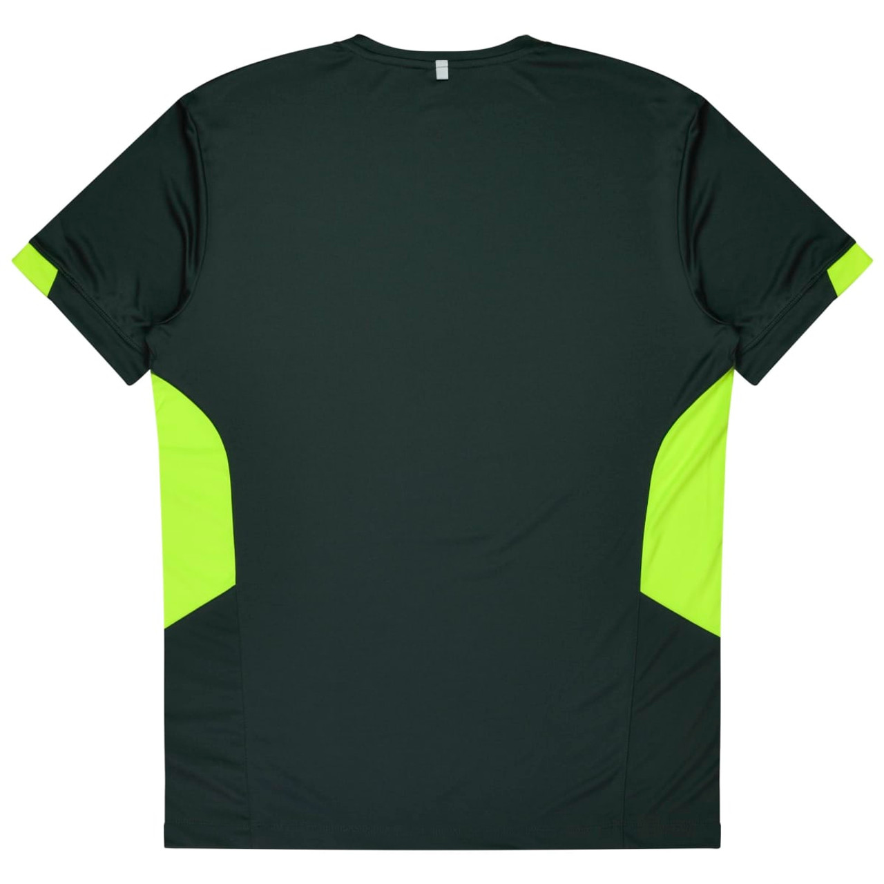 A dark green t-shirt with bright yellow accents on the sides and a branded logo on the back.