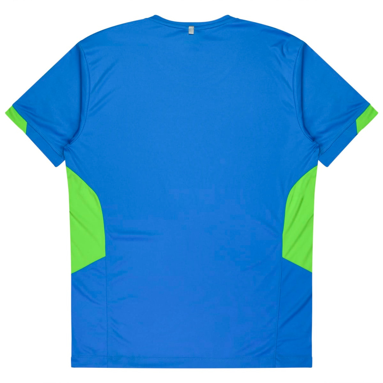 A blue T-shirt with green accents on the sides, featuring a logo. Suitable for kids' wear.