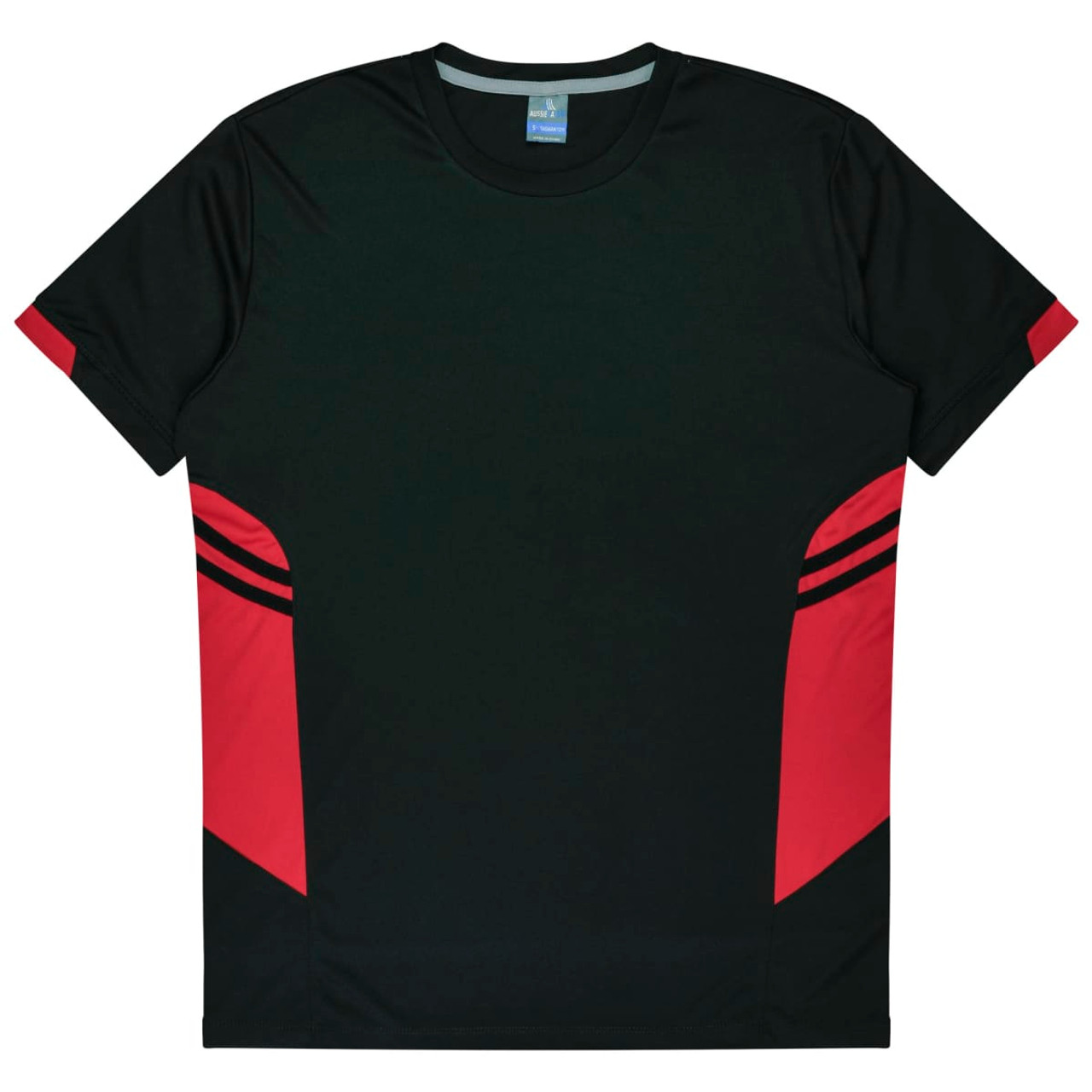 A black and red T-shirt featuring contrasting side panels and a logo. Suitable for kids.