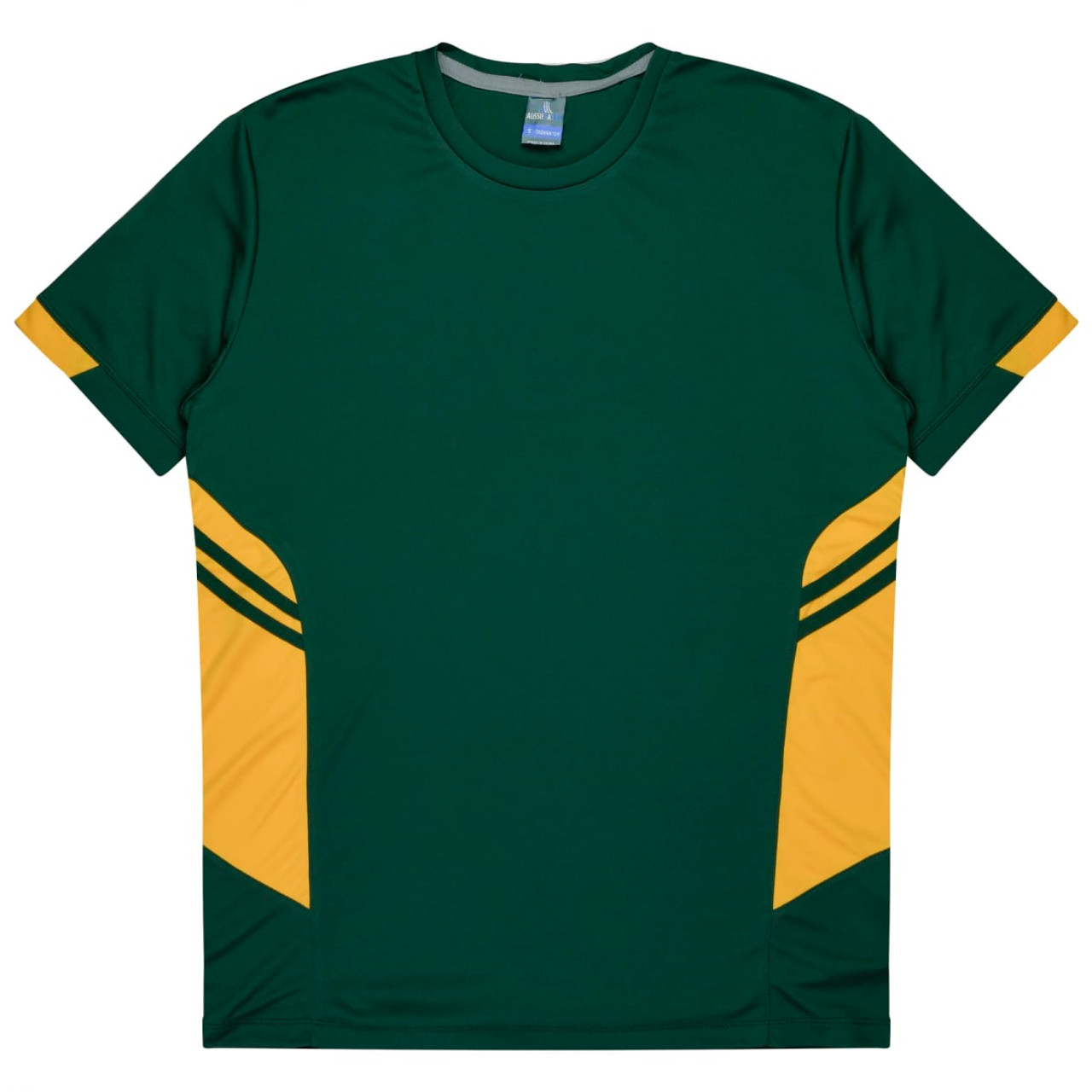 A green and gold t-shirt featuring a logo and side panel design. Suitable for kids and sports activities.