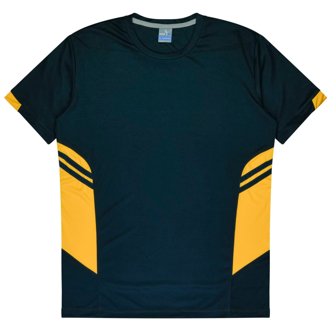 A dark green T-shirt with yellow accents and a logo, featuring short sleeves and a sporty design.