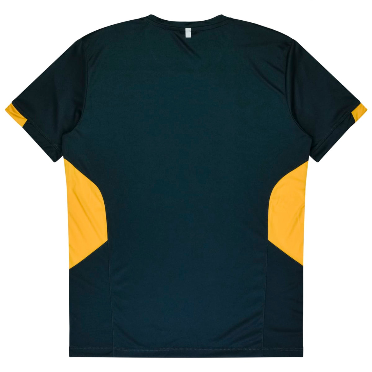 A dark green T-shirt with yellow accents on the sides. The shirt features a brand logo.