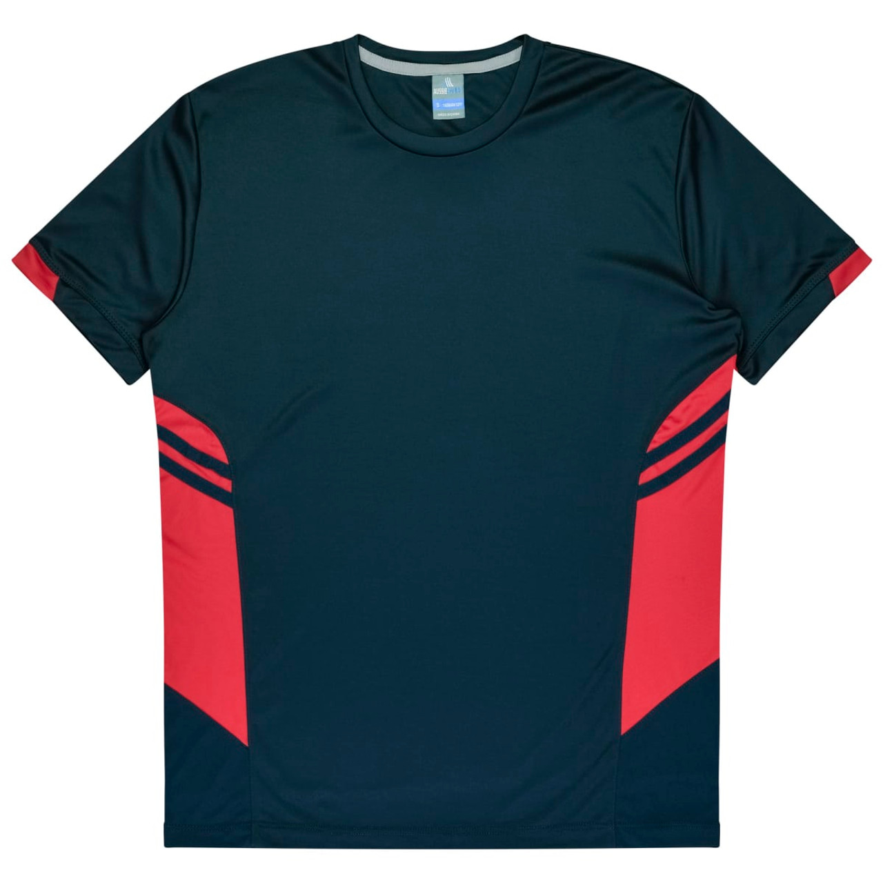 A dark green and red t-shirt featuring a design with red accents and stripes. It has a logo on it.