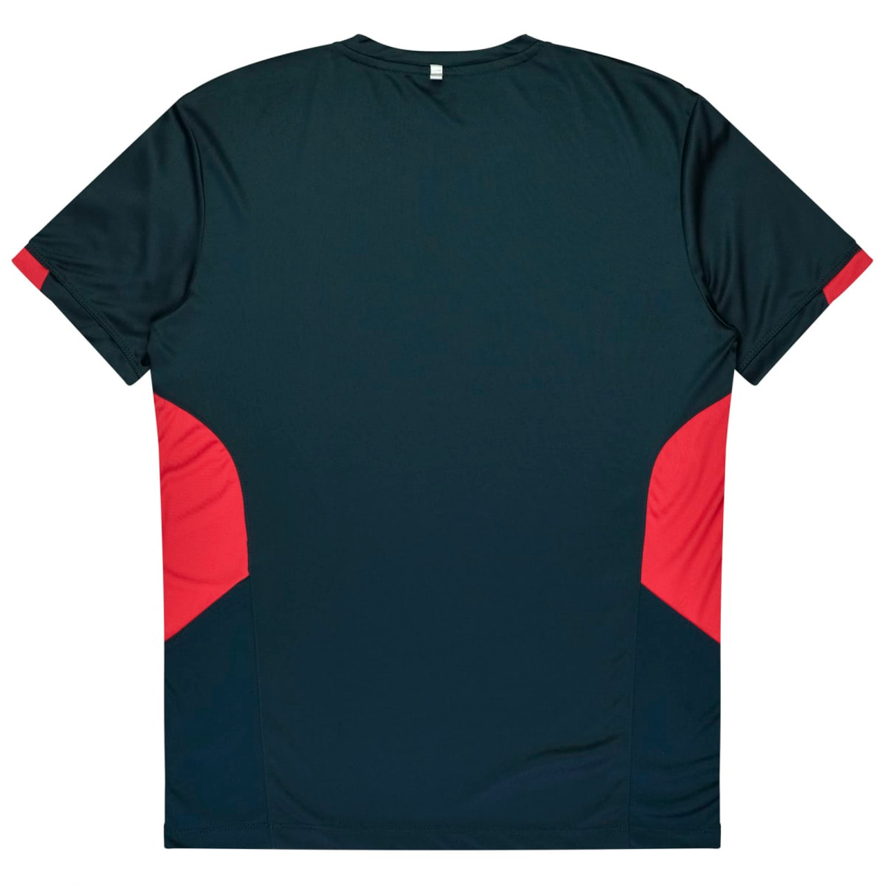 A dark green T-shirt featuring red accents on the sides and a label at the neck. It has a logo on it.