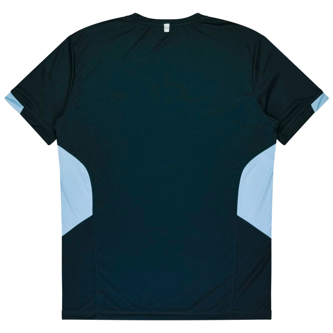 A dark green T-shirt with light blue accents on the sides and a logo displayed on the back.
