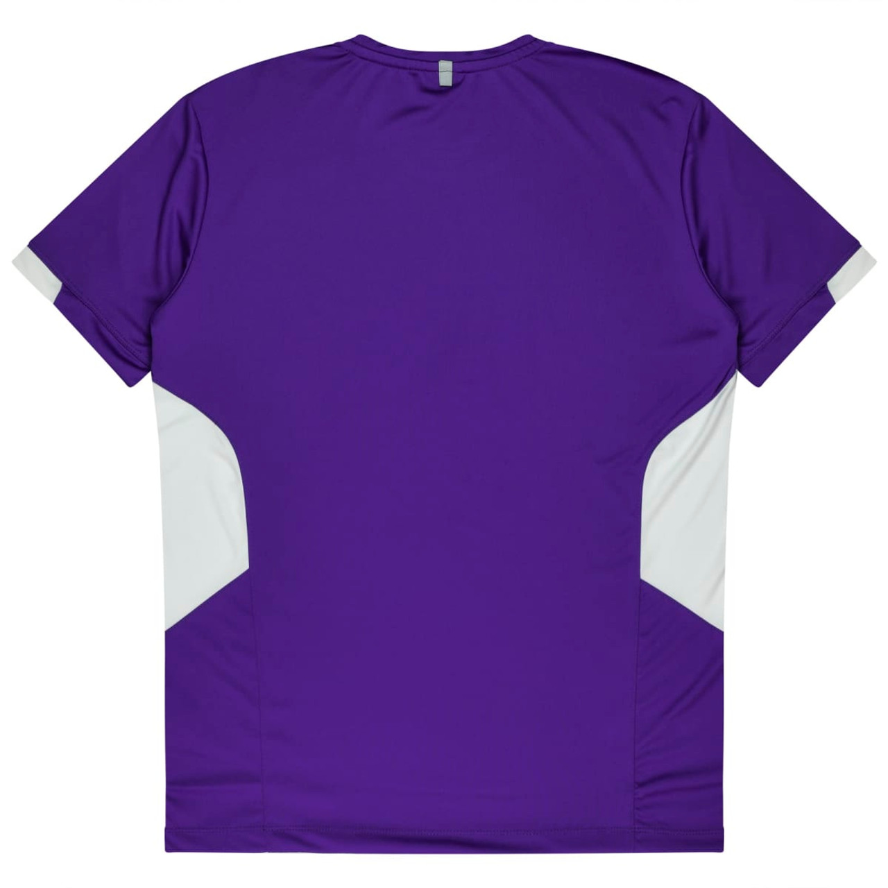 A purple T-shirt with white detailing on the sides, featuring a logo on the back.