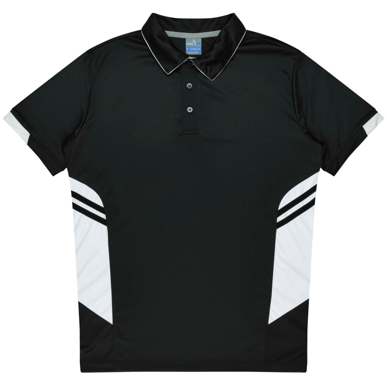 A black polo shirt with white detailing and a logo, featuring a collar and button placket.