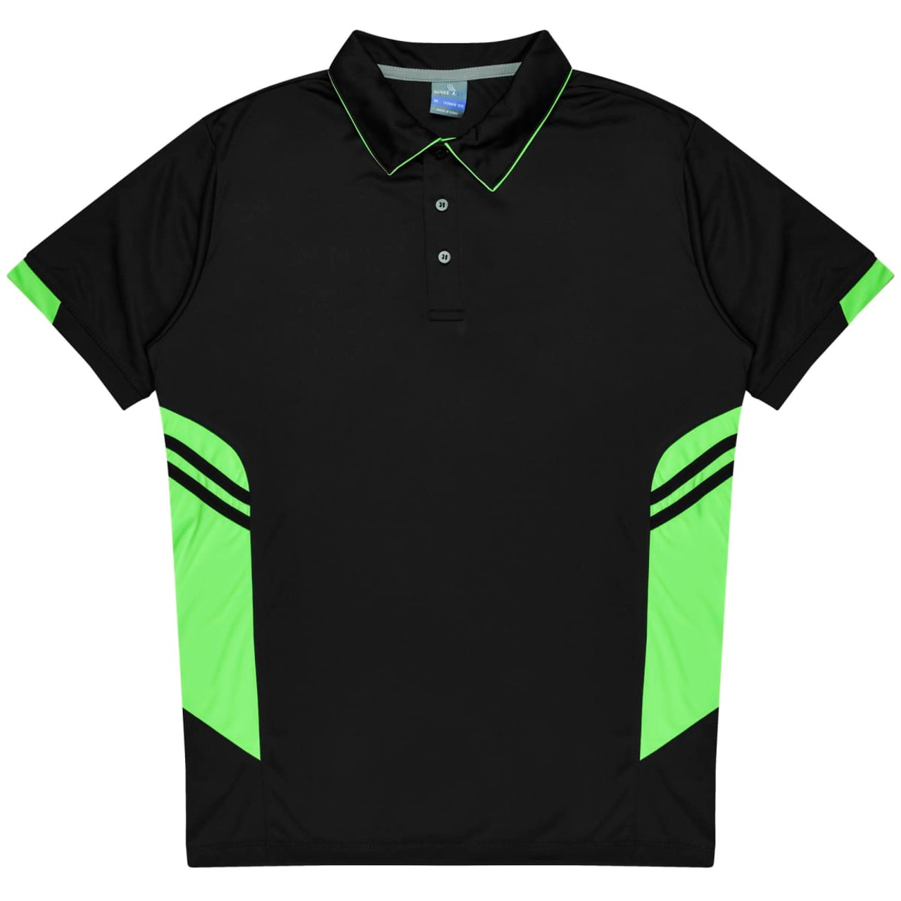 A black polo shirt with neon green accents and a logo on the front.