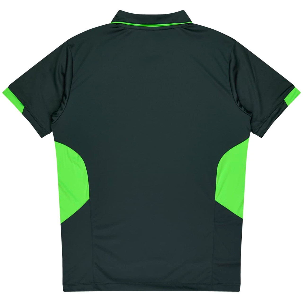 A dark green polo shirt featuring bright green accents on the sides and back, with a collar.