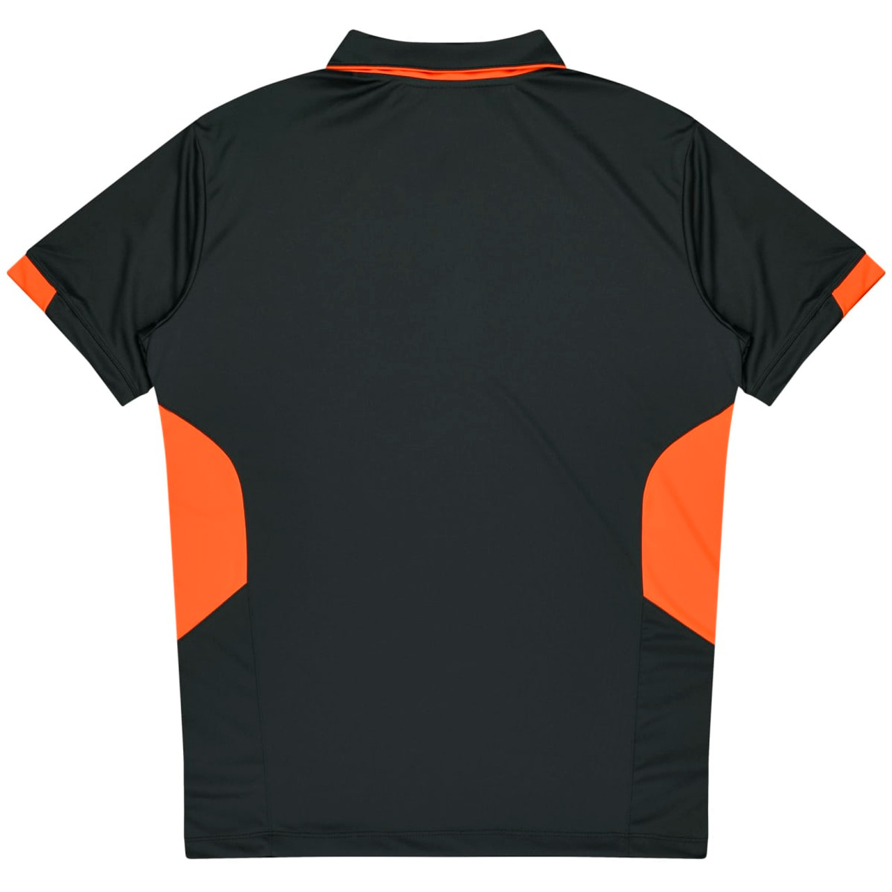A dark green polo shirt featuring orange accents on the sides. The shirt has a collar and is designed for kids.
