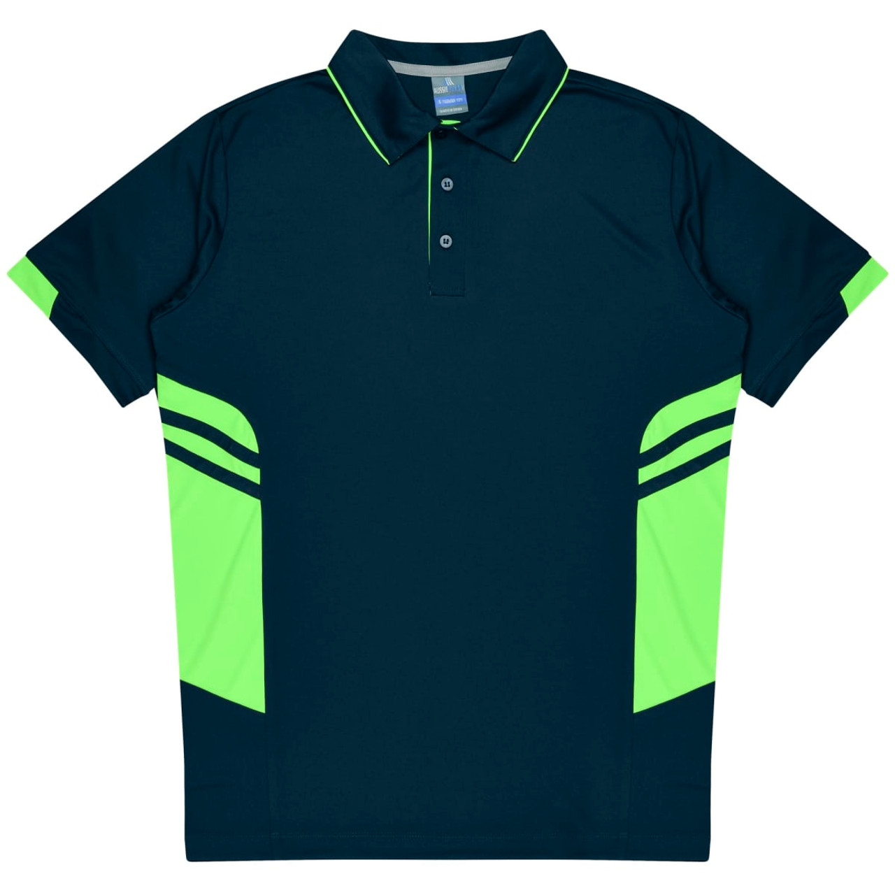 A dark navy polo shirt with bright green detailing on the sides and collar. It features a collar and buttons.