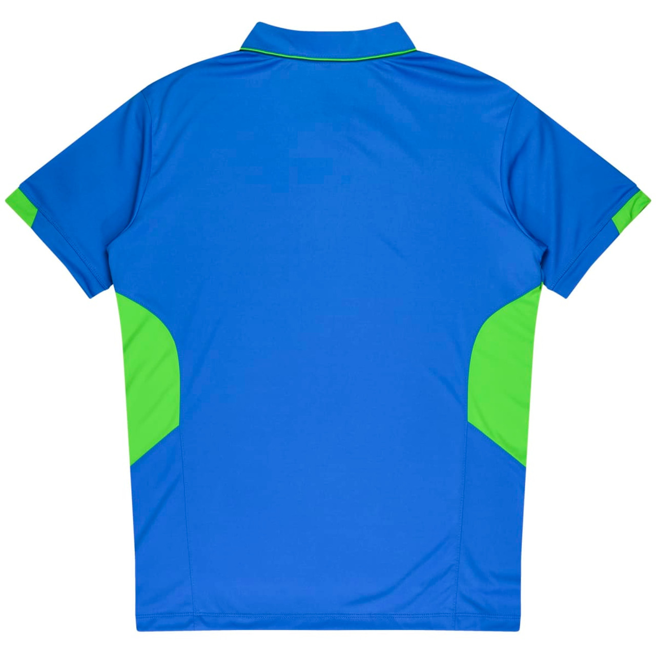 A blue polo shirt with green side panels and a collar. The shirt has a logo on it.