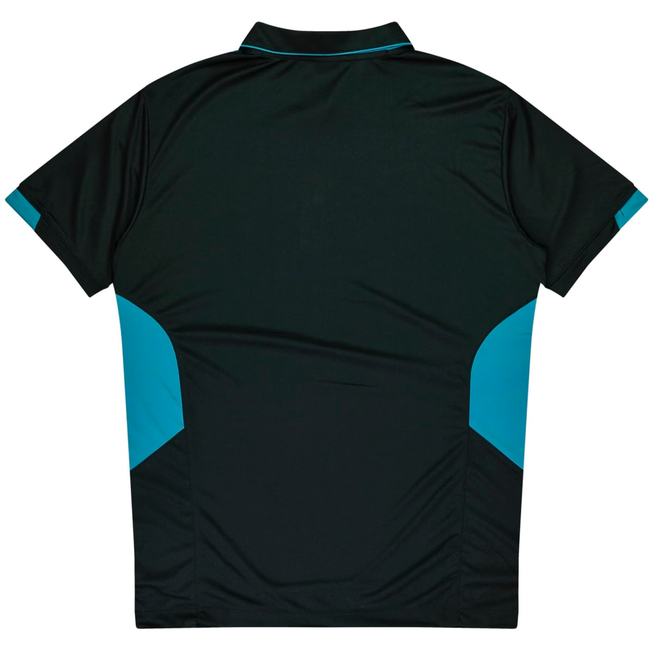 A black polo shirt with teal accents on the sides, featuring a collar and a logo.