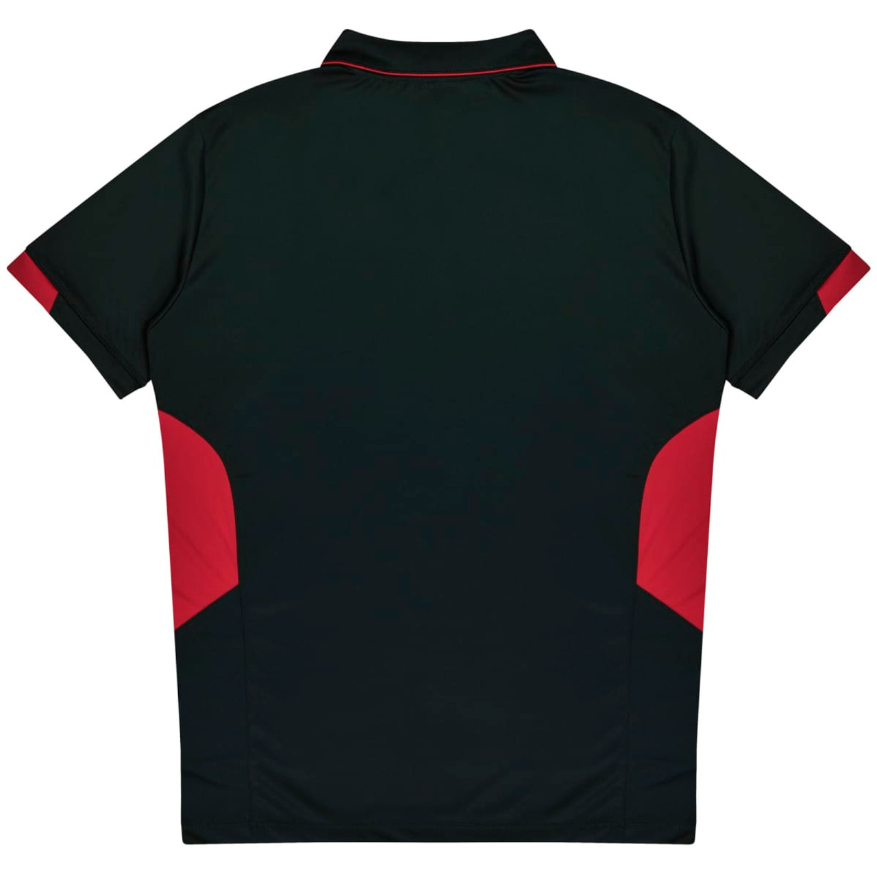 A dark green polo shirt with red accents on the sides and a collar. It features a logo on the chest.