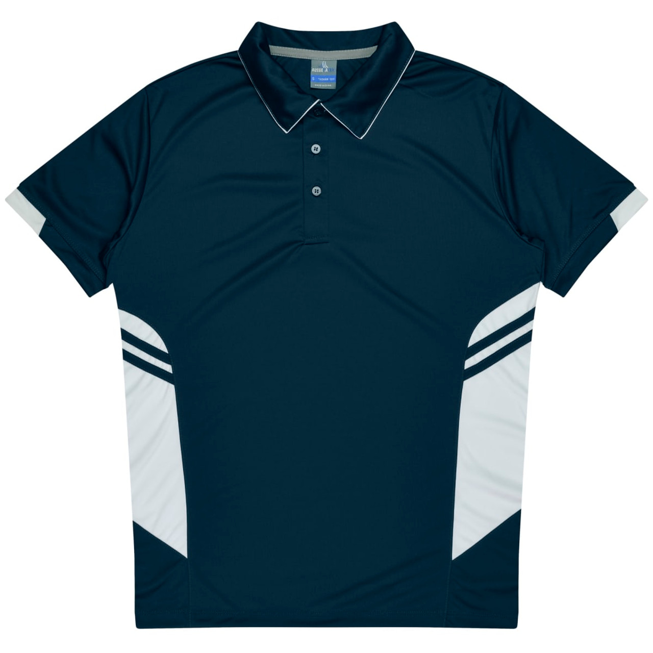 Navy blue polo shirt featuring white accent stripes and a branded logo on the collar.