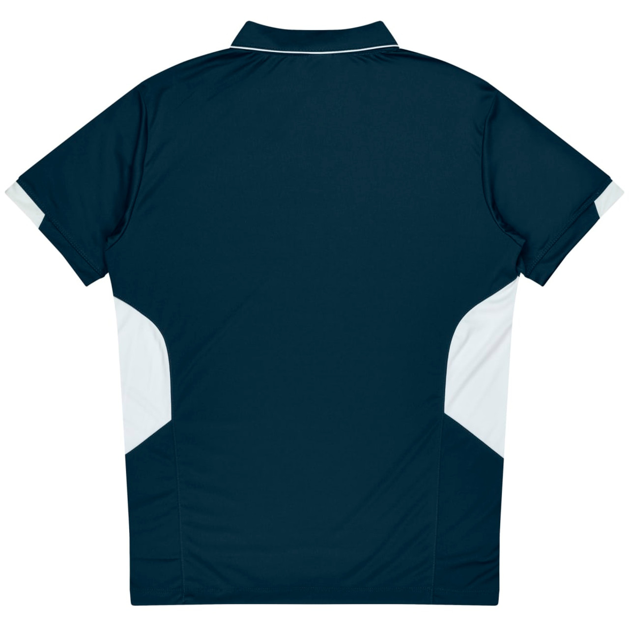 A navy polo shirt featuring white side panels and a collar, with a branded logo.