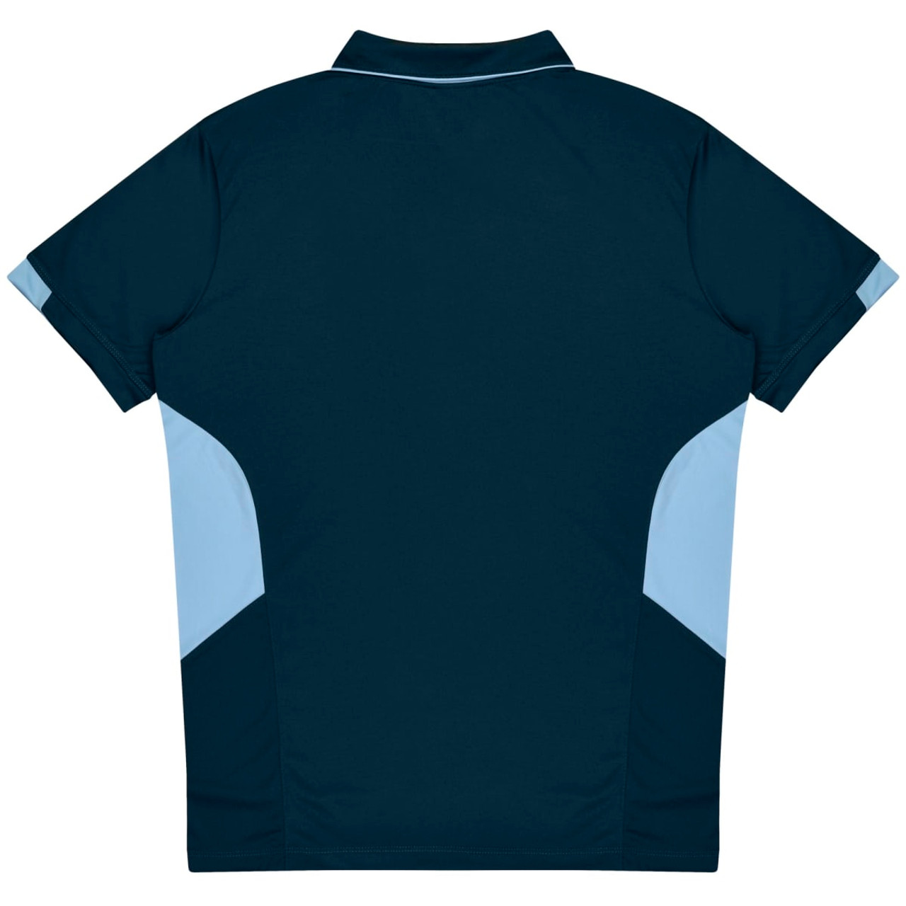 A navy blue polo shirt featuring light blue panels on the sides. It has a collar and short sleeves.