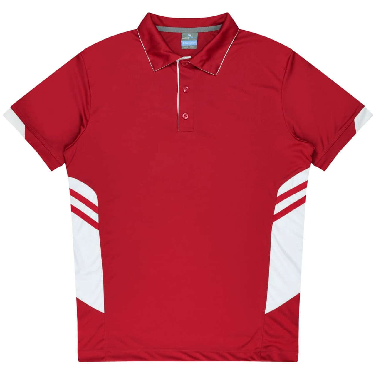 A red polo shirt featuring white side panels and stripes, with a collar and three buttons. It has a logo.