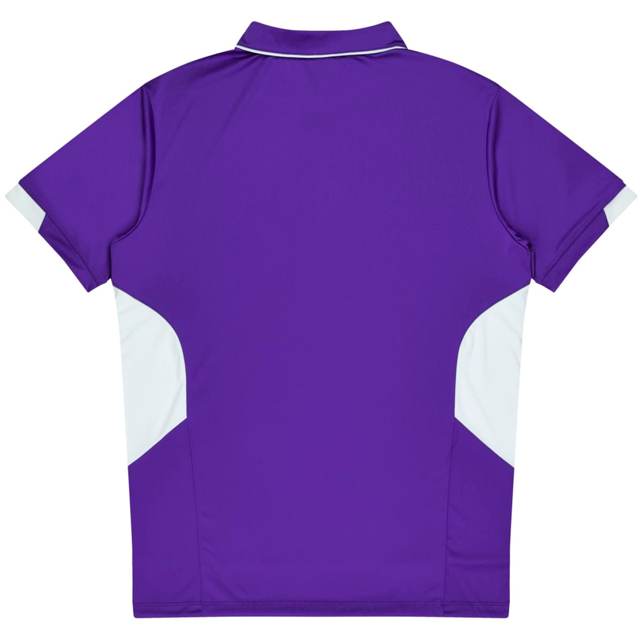 A purple polo shirt featuring white side panels and a collar, designed for kids. It has a logo on it.