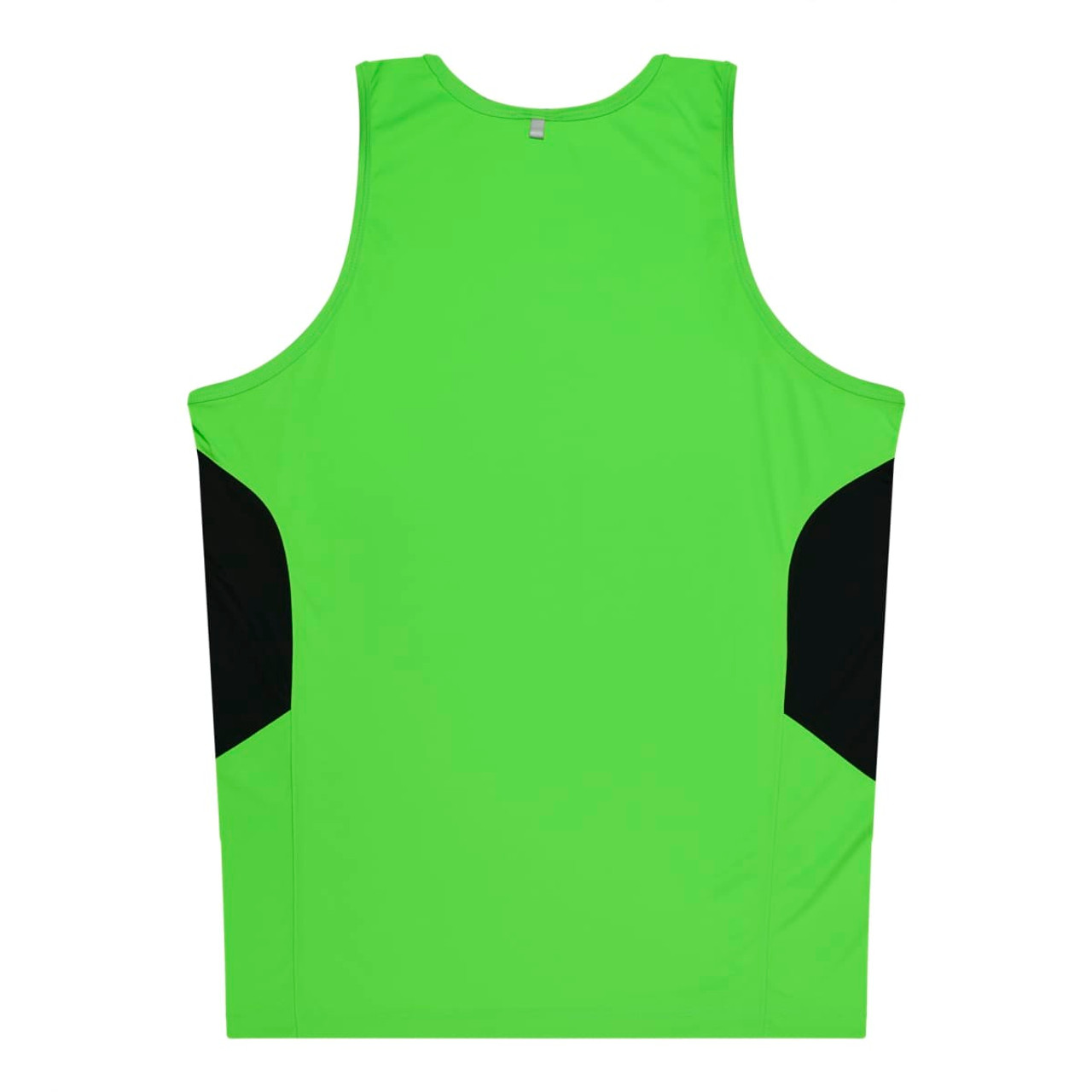 A bright green singlet with black side panels, featuring a logo on the back.