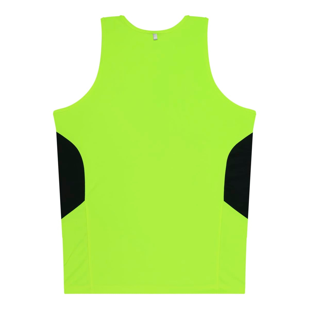 A bright yellow singlet featuring black side panels and a logo. Suitable for kids' wear.