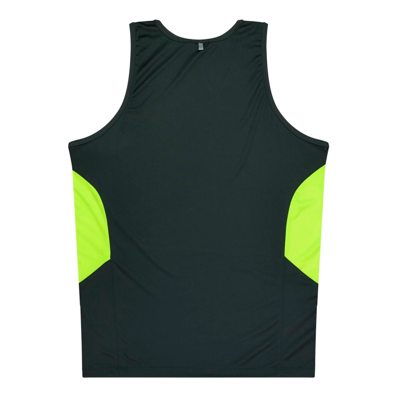 A black singlet with bright yellow panels on the sides and a branding logo on the back.