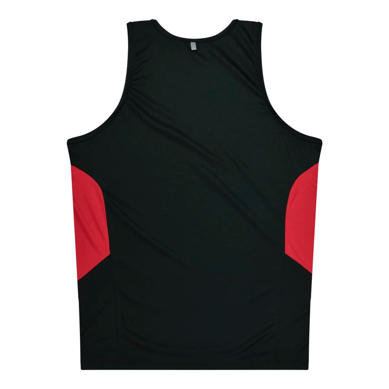 A black singlet with red accents on the sides and a logo. Suitable for casual wear or sports.