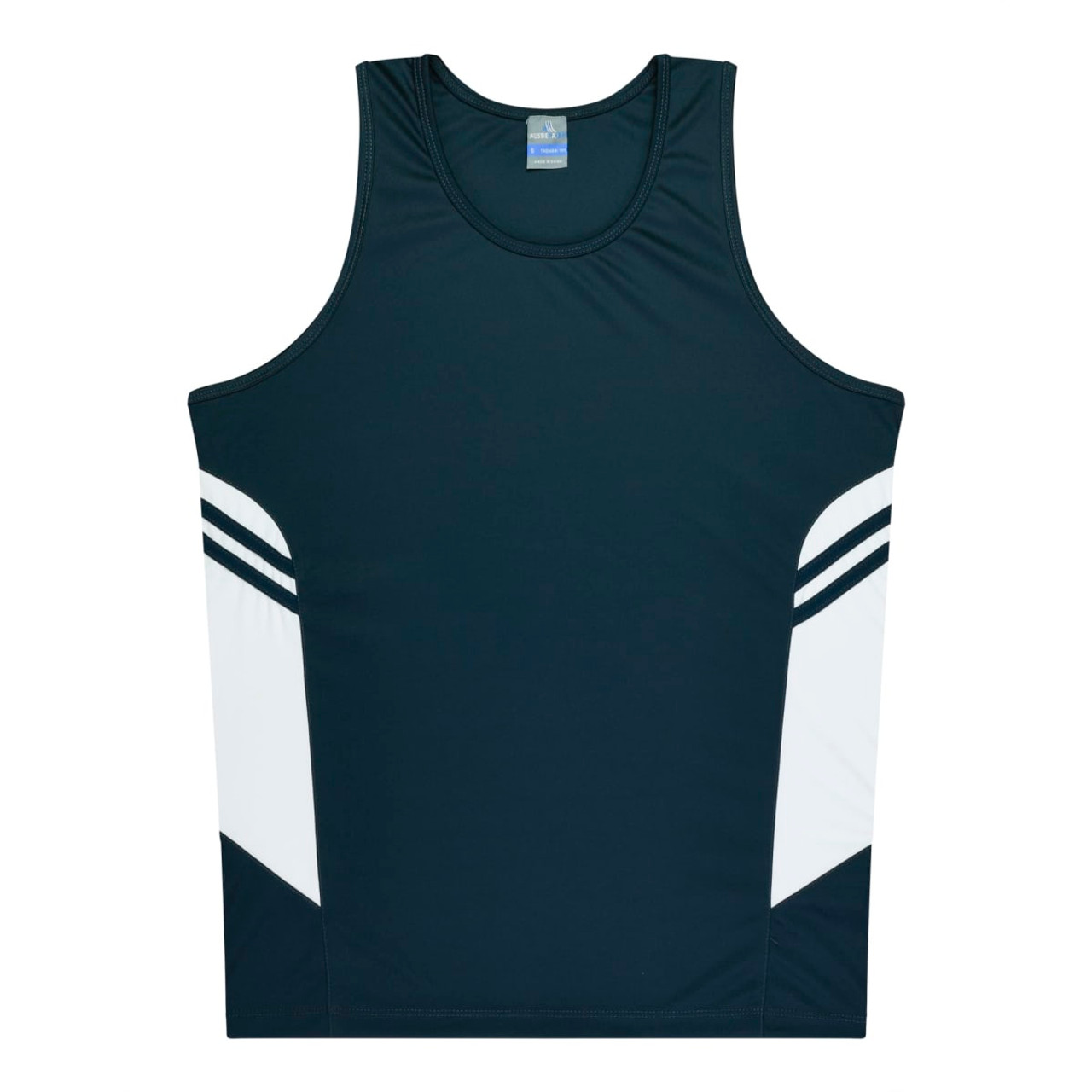 A dark navy singlet featuring white side panels and two white stripes on each side, with a label on the neckline.