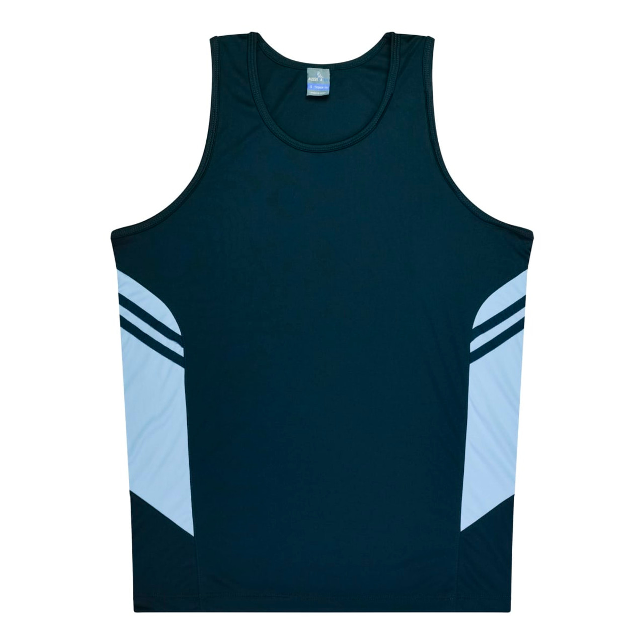 A green singlet featuring light blue stripes on the sides, with a logo on the front.